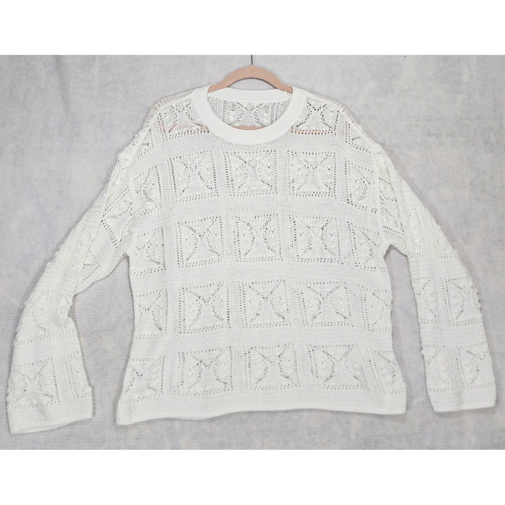 Ann Taylor Sweater XL Crocheted Open Knit Cottagecore Spring Granny Square White